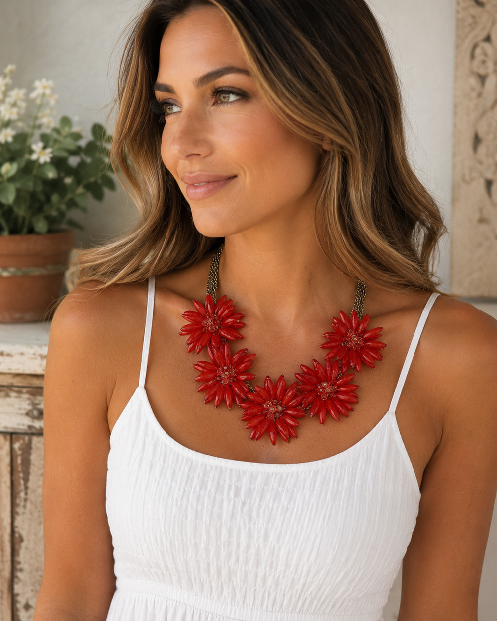 Red Floral Statement Necklace Bib Necklace Acrylic Flower Cluster Silver Tone